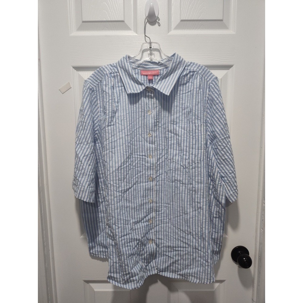 Woman Within Button Down Shirt Top Blouse Womens‎ Plus 1X Blue Striped Flowy